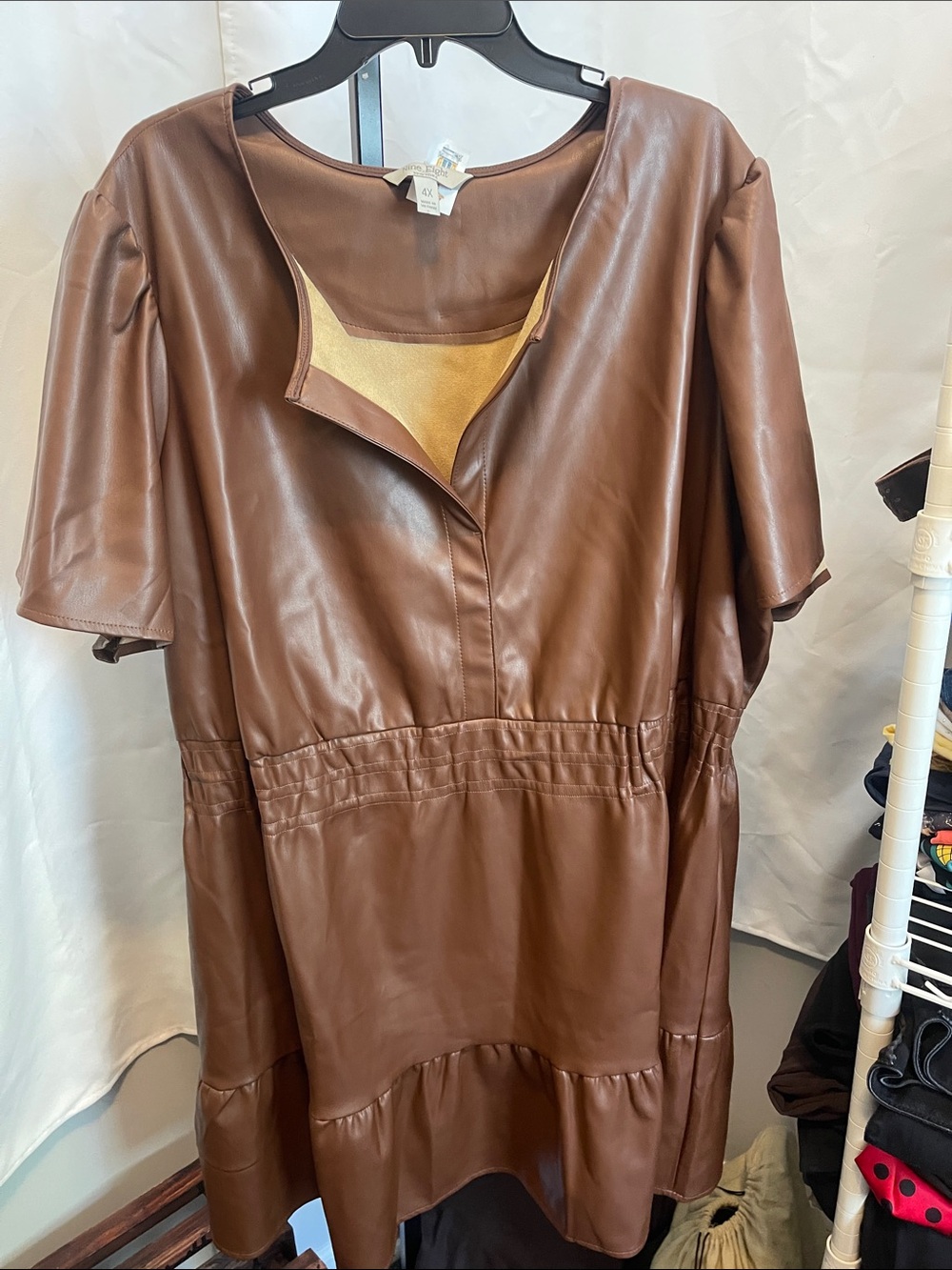 Faux Leather Brown Short-Sleeve Tiered Mini Dress